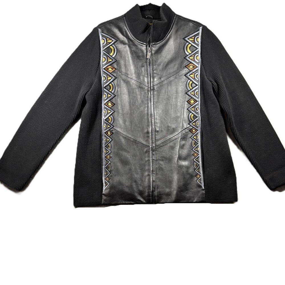 Bob Mackie Women Leather Jacket Ribbed Knit Sleeves Art Embroidered Black Medium